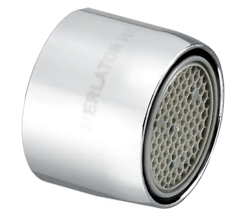 Strahlregler in glänzendem Metall mit einem innenliegenden, wabenförmigen Filter. Produkt von Oventrop, geeignet für verschiedene Spülventile.